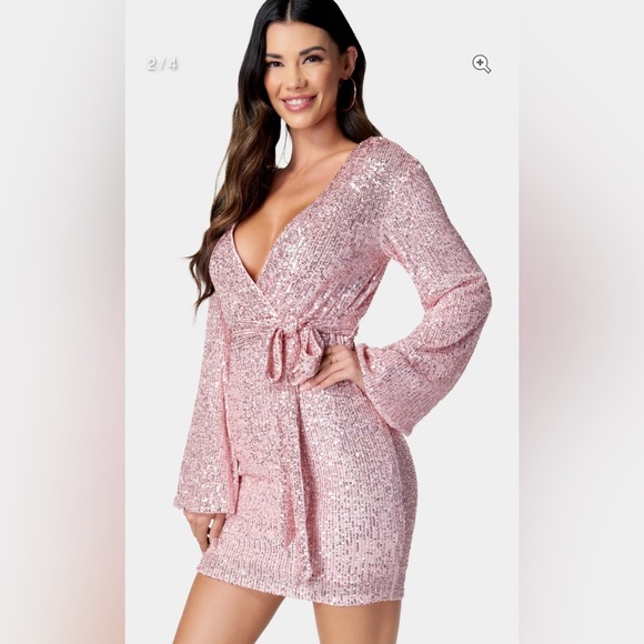 Bebe Sequin Tie Front Dress In Silver color. Size M - Picture 4 of 8